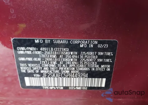 2023 Subaru Forester Premium z USA, uszkodzony, nr VIN JF2SKAEC5PH449294